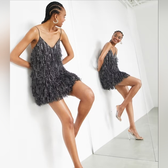 ASOS - Sequin and faux feather mini dress with low back in charcoal - Picture 1 of 5